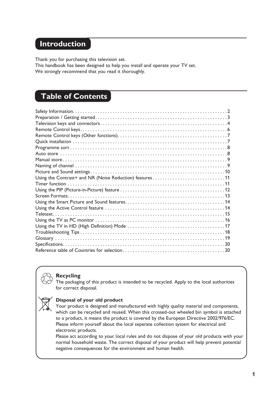 Philips 26PF5411, 32PF7411, 32PF5411 manual Introduction, Table of Contents 