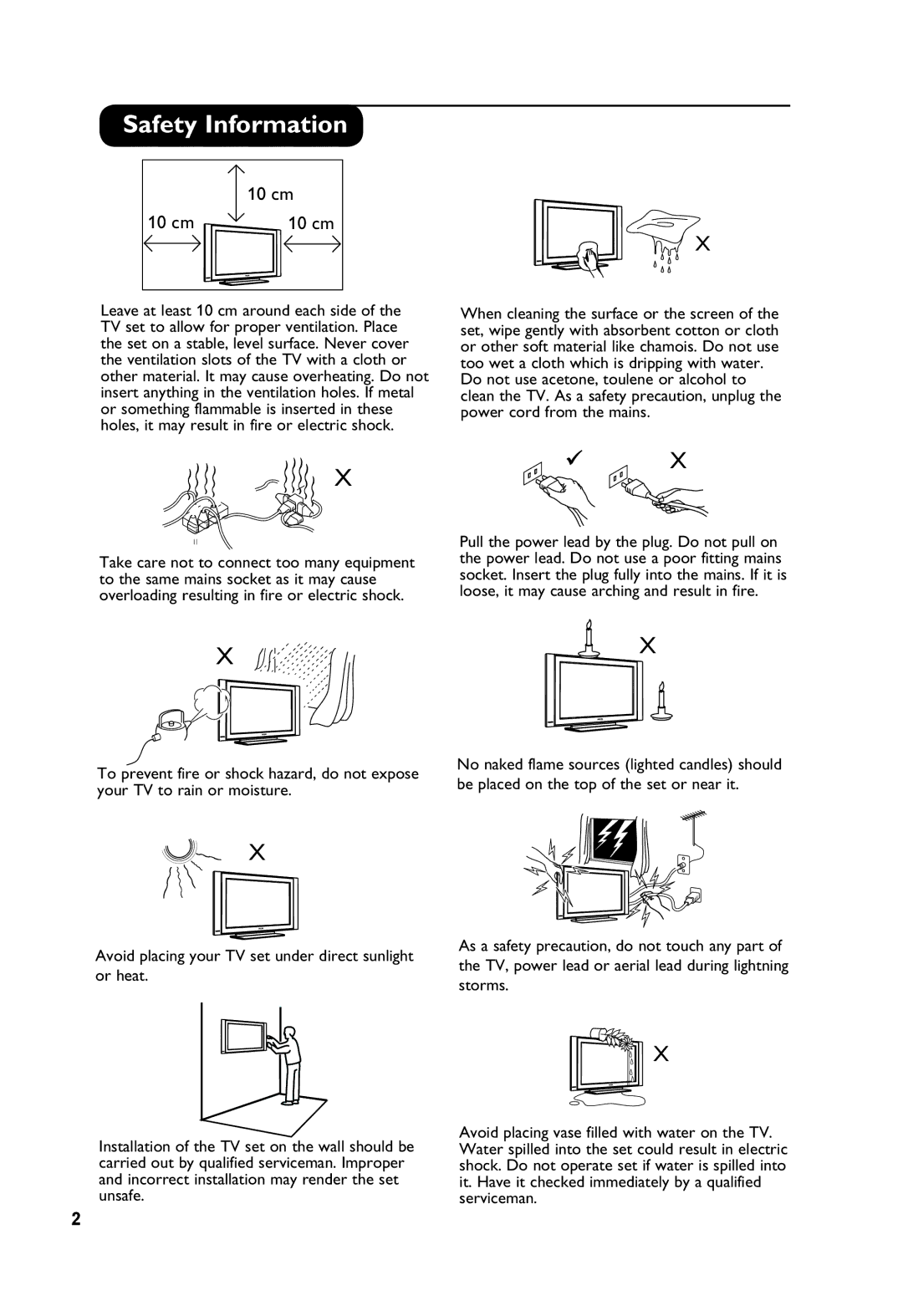 Philips 32PF7411 Safety Information, 10 cm, To prevent fire or shock hazard, do not expose, Your TV to rain or moisture 