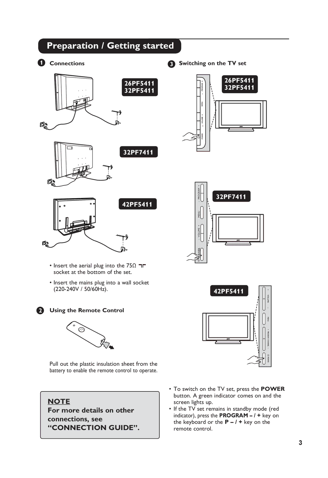 Philips 32PF5411, 26PF5411, 32PF7411 manual Preparation / Getting started, Using the Remote Control, Remote control 