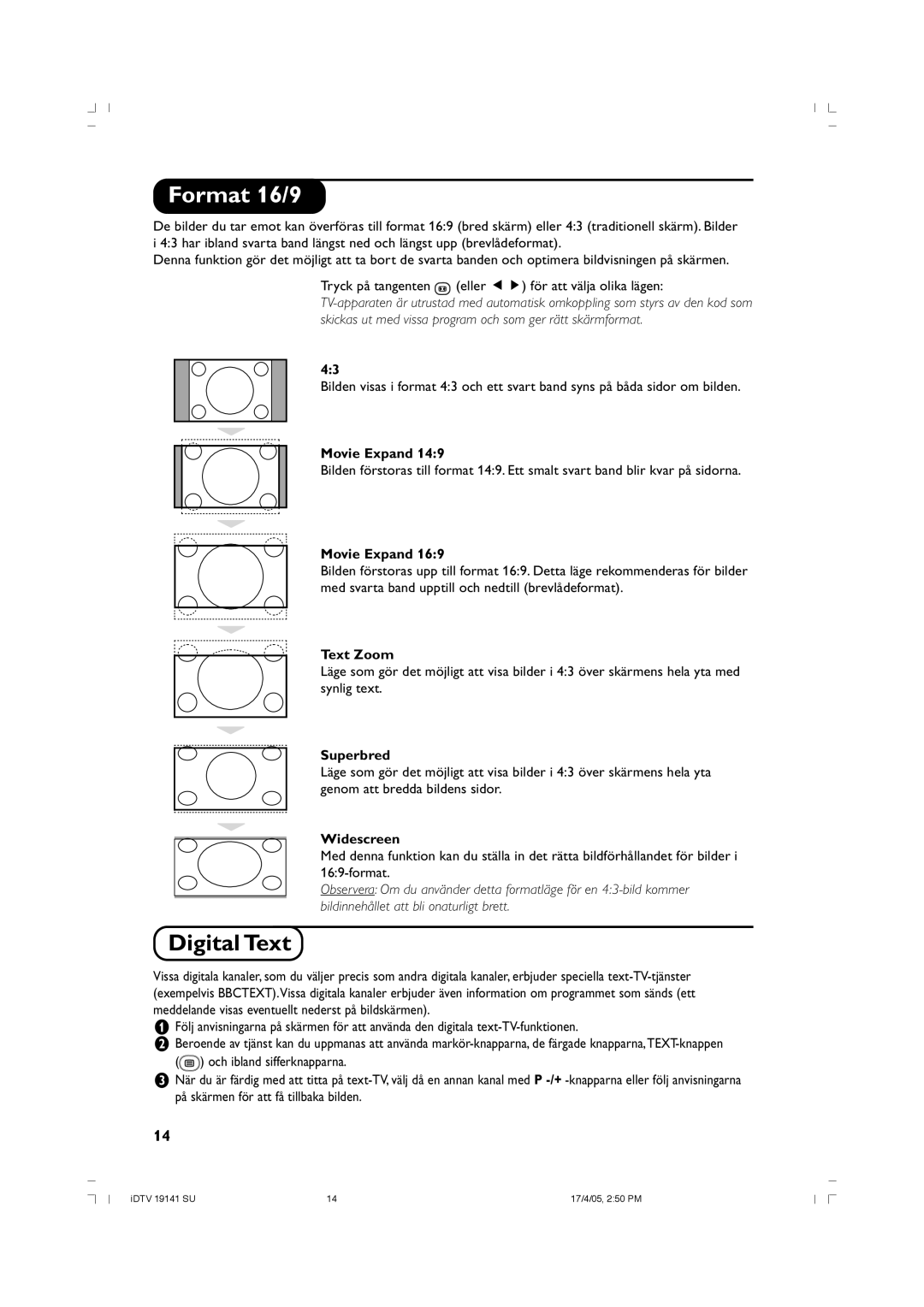 Philips 26PF5520D/10 manual Format 16/9, Digital Text 