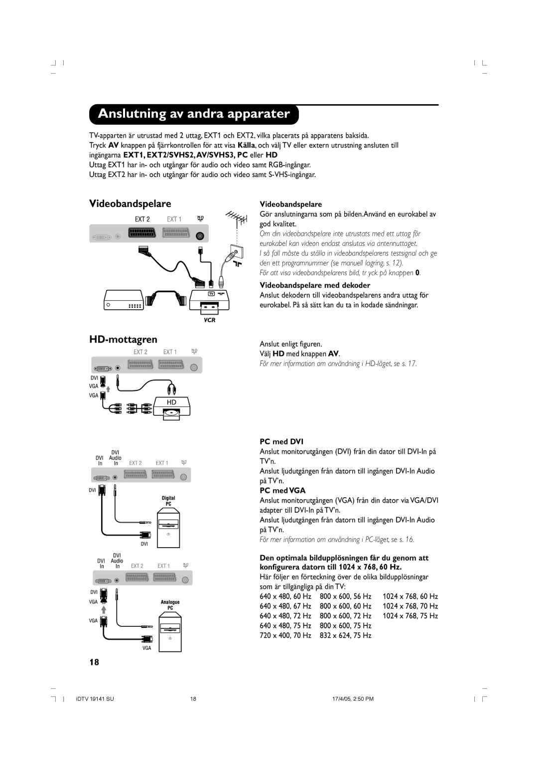 Philips 26PF5520D/10 manual Anslutning av andra apparater, Videobandspelare med dekoder, PC med DVI, PC med VGA 