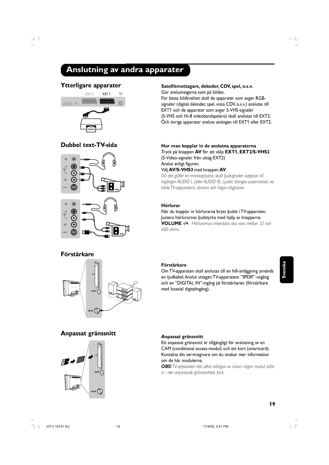 Philips 26PF5520D/10 Satellitmottagare, dekoder, CDV, spel, o.s.v, Hur man kopplar in de anslutna apparaterna, Hörlurar 