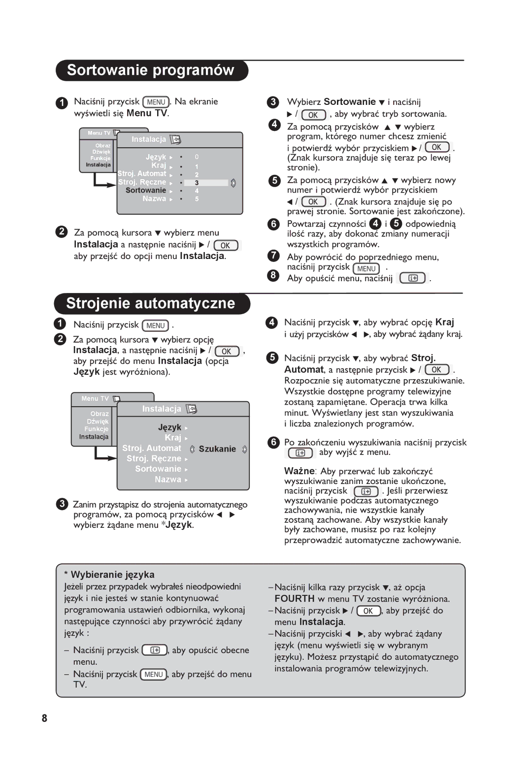 Philips 26PF7321 manual Sortowanie programów, Strojenie automatyczne, Język jest wyróżniona, Wybieranie języka 