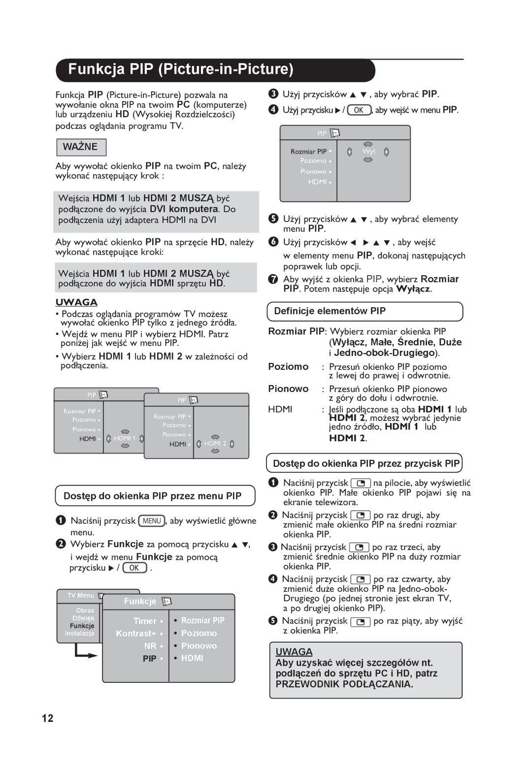 Philips 26PF7321 manual Funkcja PIP Picture-in-Picture, Dostęp do okienka PIP przez menu PIP, Definicje elementów PIP 