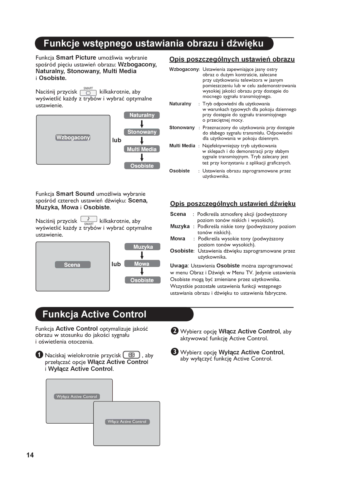 Philips 26PF7321 manual Funkcje wstępnego ustawiania obrazu i dźwięku, Funkcja Active Control, Lub 