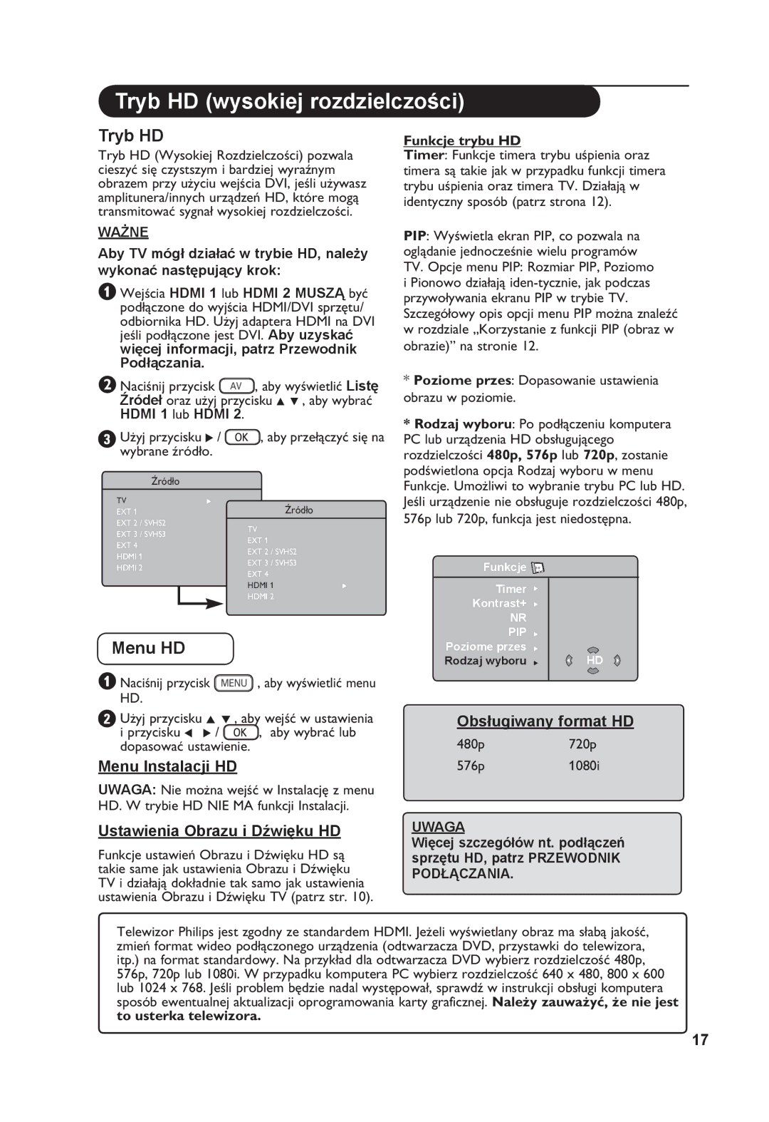 Philips 26PF7321 manual Tryb HD wysokiej rozdzielczości, Hdmi 1 lub Hdmi, Funkcje trybu HD, 480p720p 576p1080i 