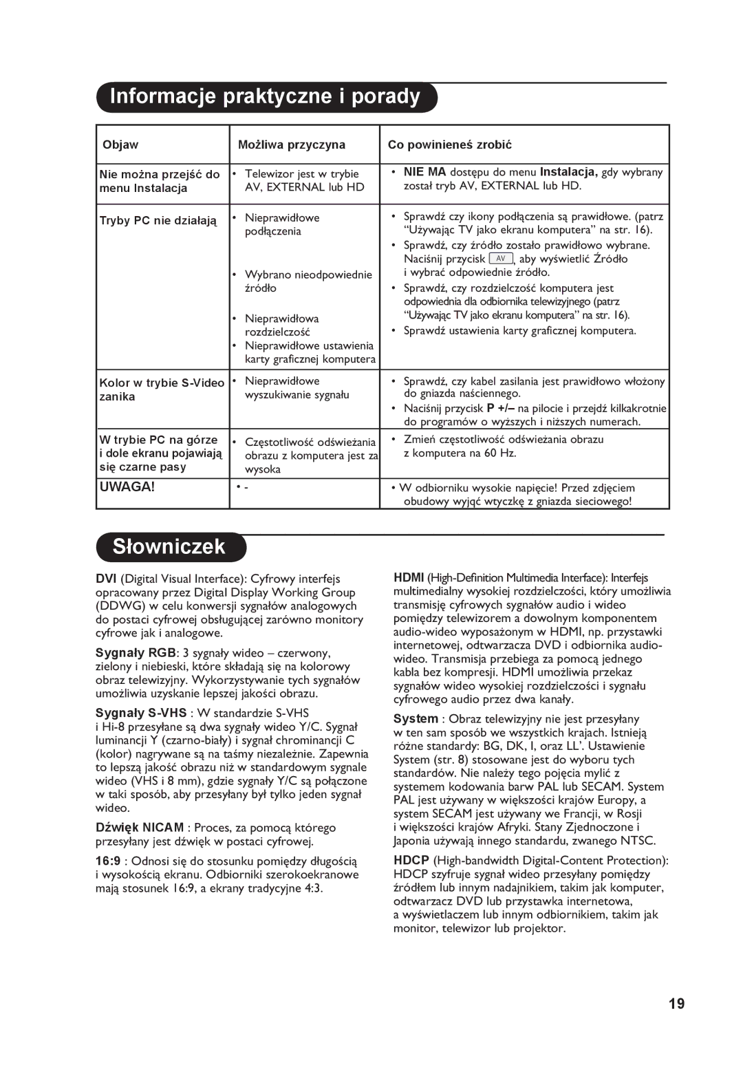 Philips 26PF7321 manual Słowniczek, Objaw Możliwa przyczyna 