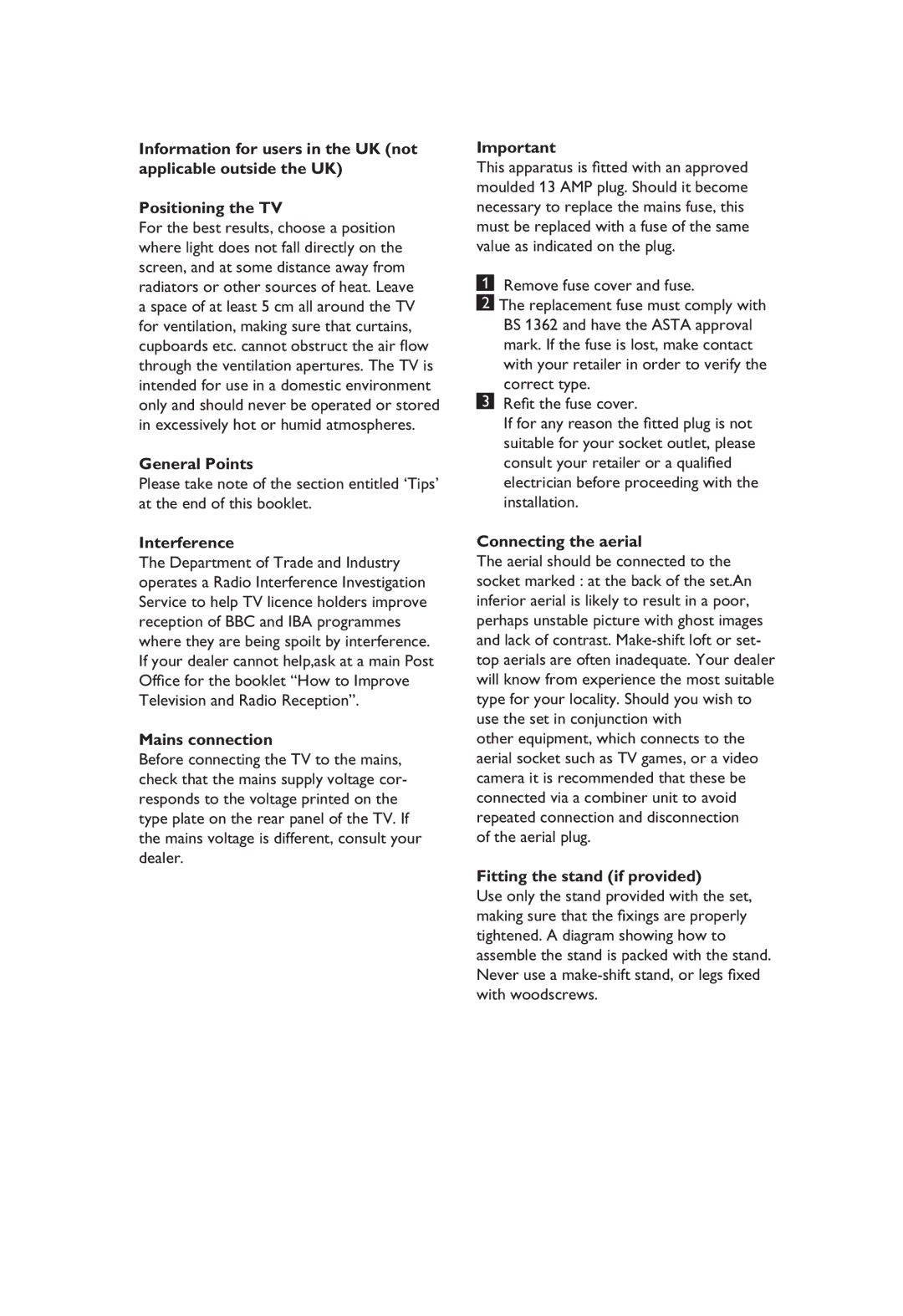 Philips 26PF7321 General Points, Interference, Mains connection, Connecting the aerial, Fitting the stand if provided 