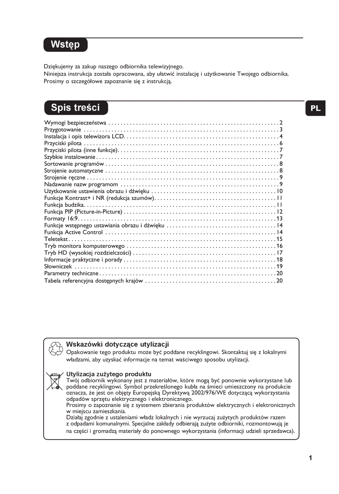 Philips 26PF7321 manual Wstęp, Spis treści, Utylizacja zużytego produktu 