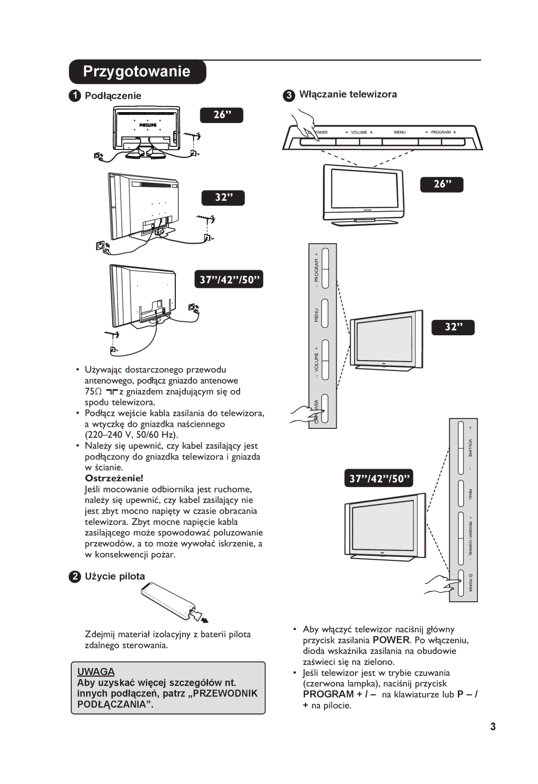 Philips 26PF7321 manual Przygotowanie, Podłączenie, Ostrzeżenie, Użycie pilota Włączanie telewizora 