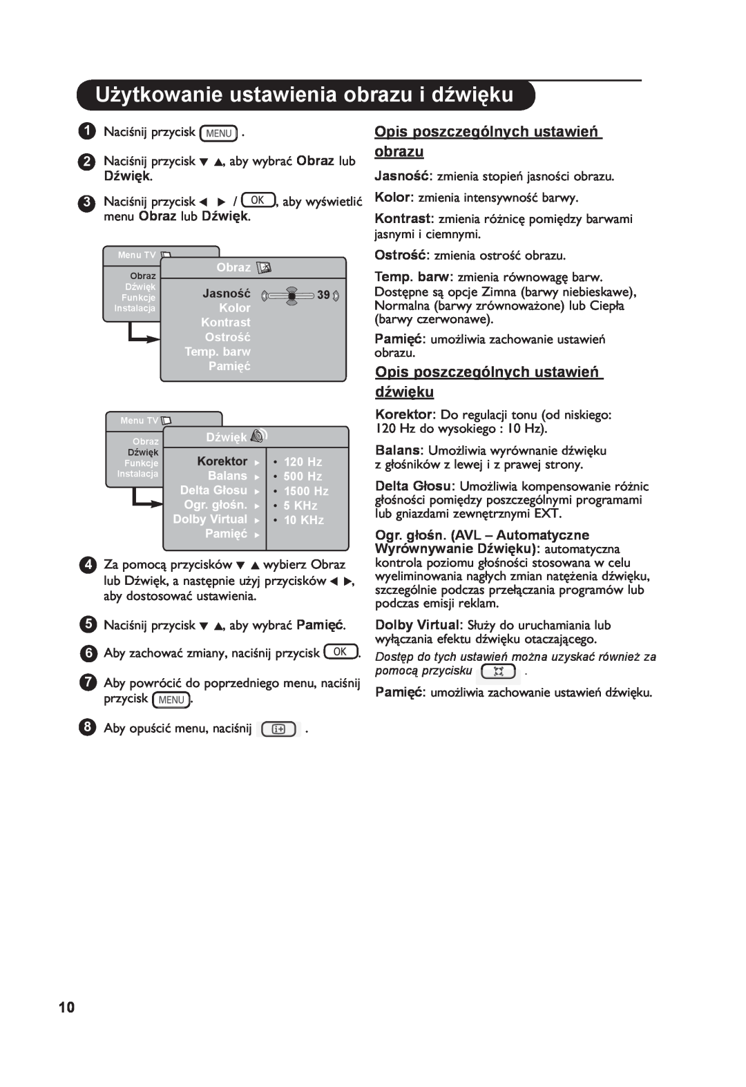Philips 26PF7321 manual Użytkowanie ustawienia obrazu i dźwięku, Opis poszczególnych ustawień obrazu 