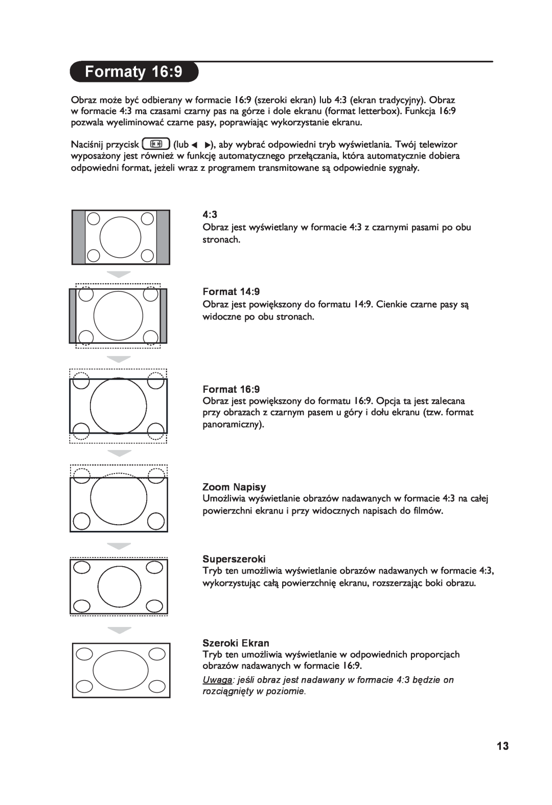 Philips 26PF7321 manual Formaty, Zoom Napisy, Superszeroki, Szeroki Ekran 