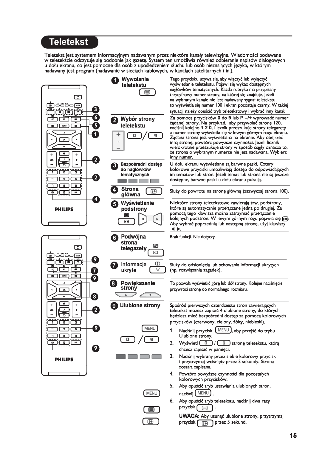 Philips 26PF7321 manual Teletekst, Stronagłówna, Informacje, ukryte, Ulubione strony, 2 Wybór strony teletekstu 