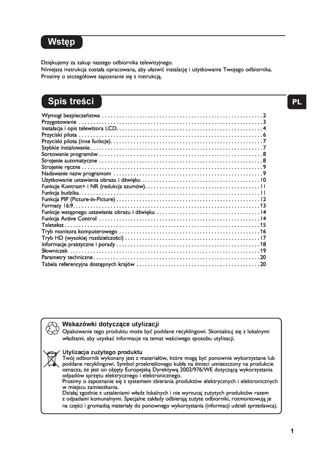 Philips 26PF7321 manual Wstęp, Spis treści, Wskazówki dotyczące utylizacji, Utylizacja zużytego produktu, Hu Pl Cz Sk 