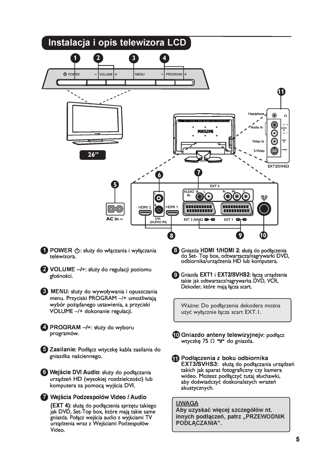 Philips 26PF7321 manual PROGRAM -/+ służy do wyboru programów, 7 Wejścia Podzespołów Video / Audio, Uwaga 