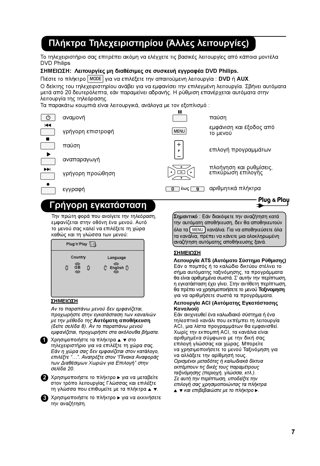 Philips 37PF73xxx, 26PF73xxx manual Πλήκτρα Τηλεχειριστηρίου Άλλες λειτουργίες, Γρήγορη εγκατάσταση 