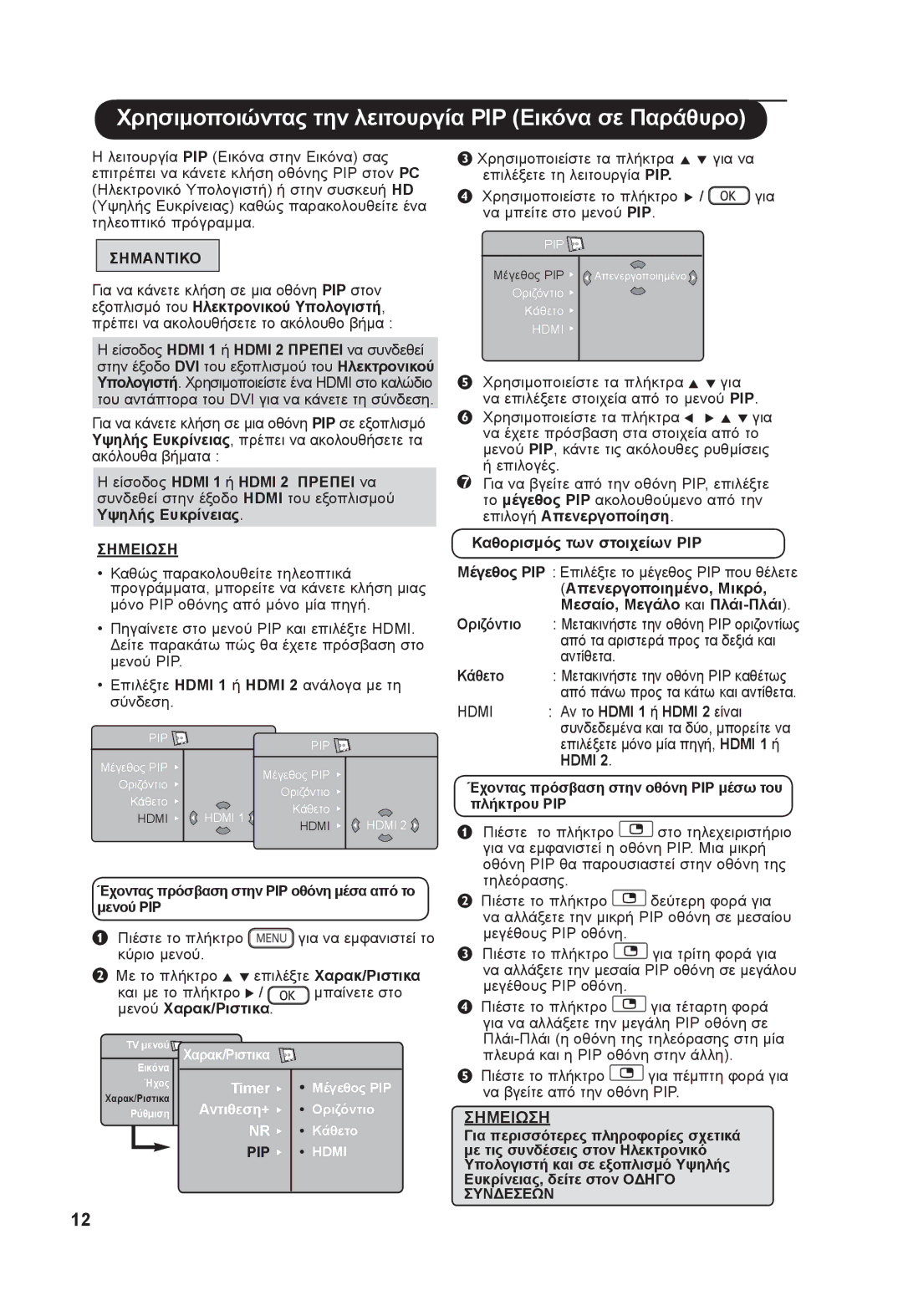 Philips 26PF73xxx Έχοντας πρόσβαση στην ΡΙΡ οθόνη μέσα από το μενού ΡΙΡ, Καθορισμός των στοιχείων ΡΙΡ, Οριζόντιο, Κάθετο 