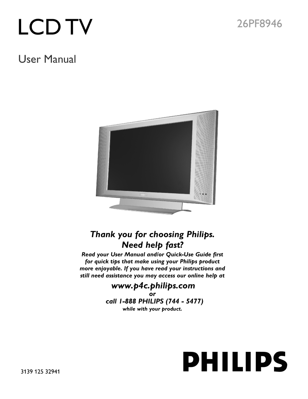 Philips 26PF8946 user manual Lcd Tv 