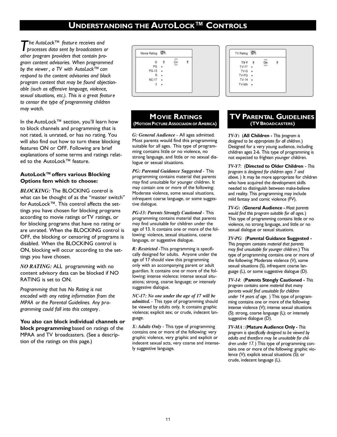 Philips 26PF8946 user manual Understanding the Autolock Controls, Movie Ratings, TV Parental Guidelines 