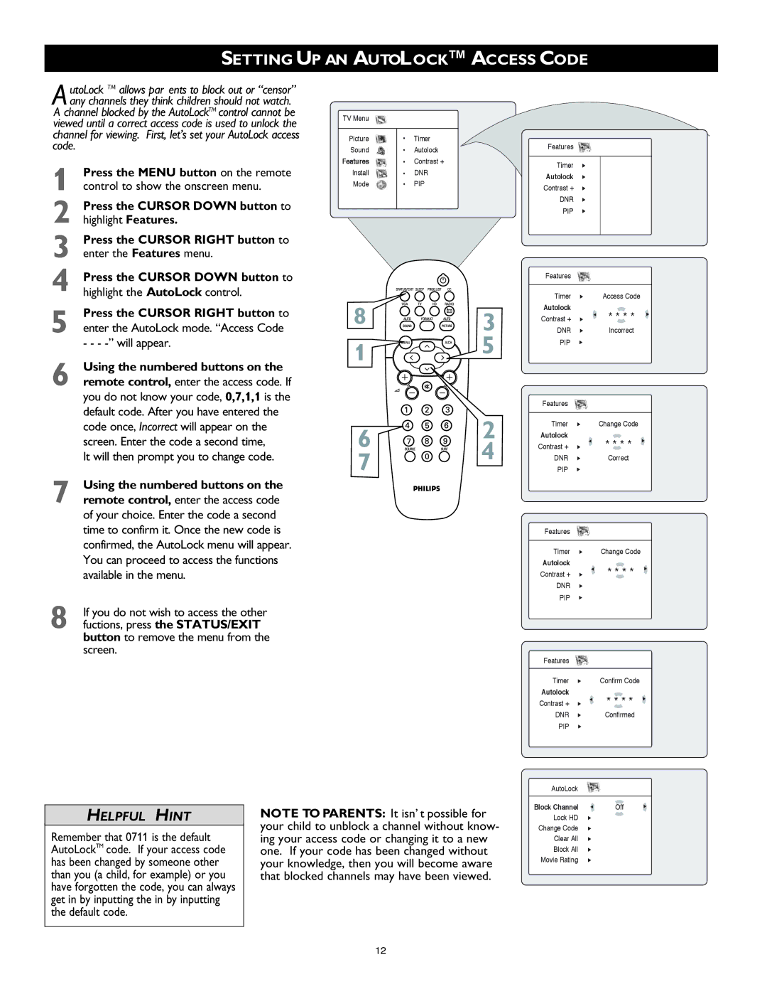 Philips 26PF8946 user manual Setting UP AN Autolock Access Code, Using the numbered buttons on 