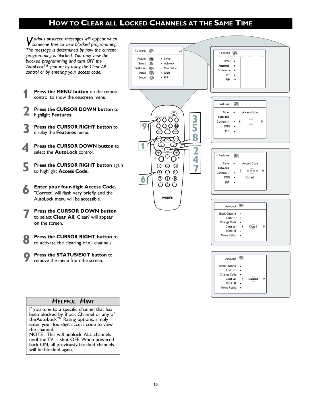 Philips 26PF8946 user manual HOW to Clear ALL Locked Channels AT the Same Time 