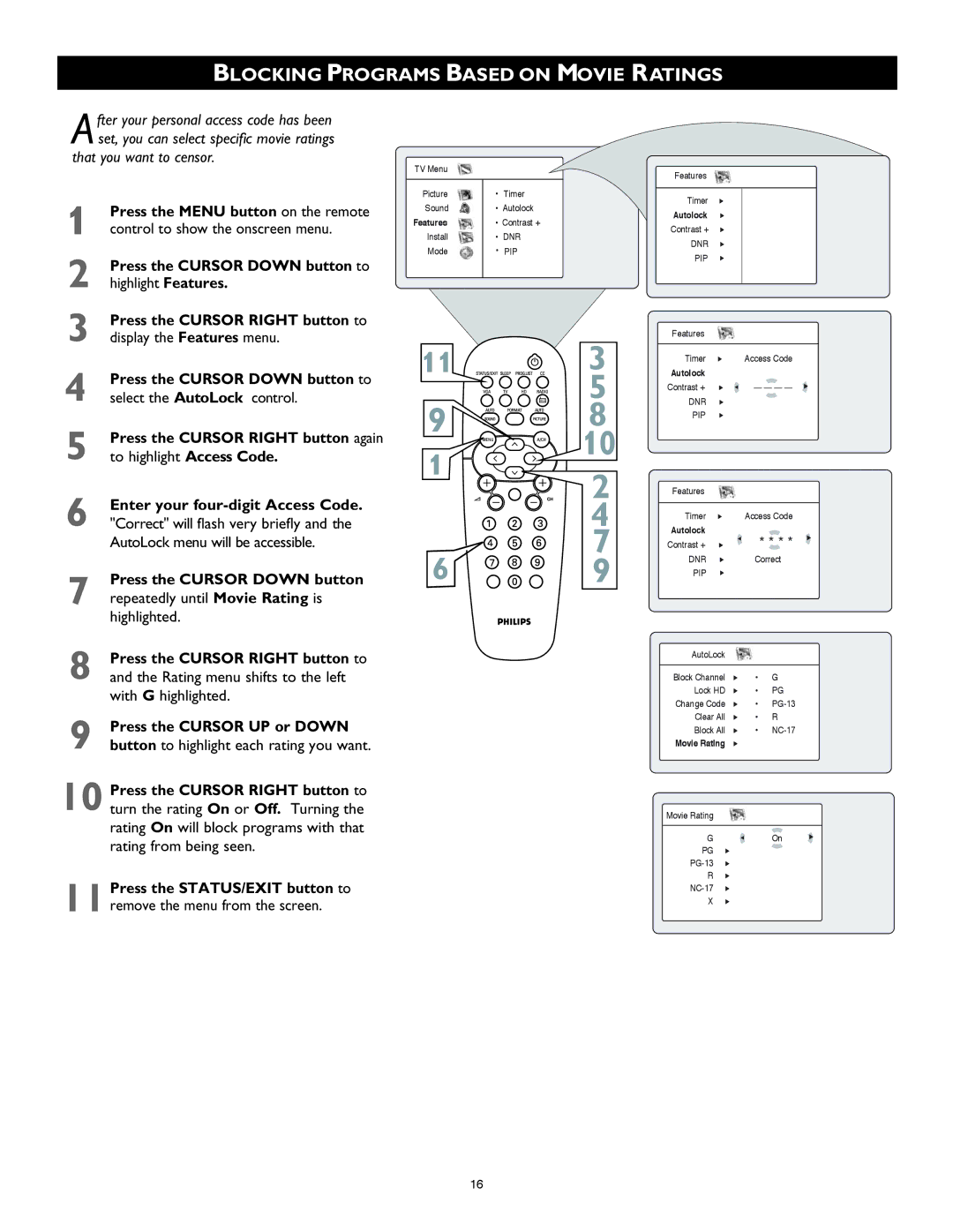 Philips 26PF8946 user manual Blocking Programs Based on Movie Ratings, With G highlighted, Remove the menu from the screen 