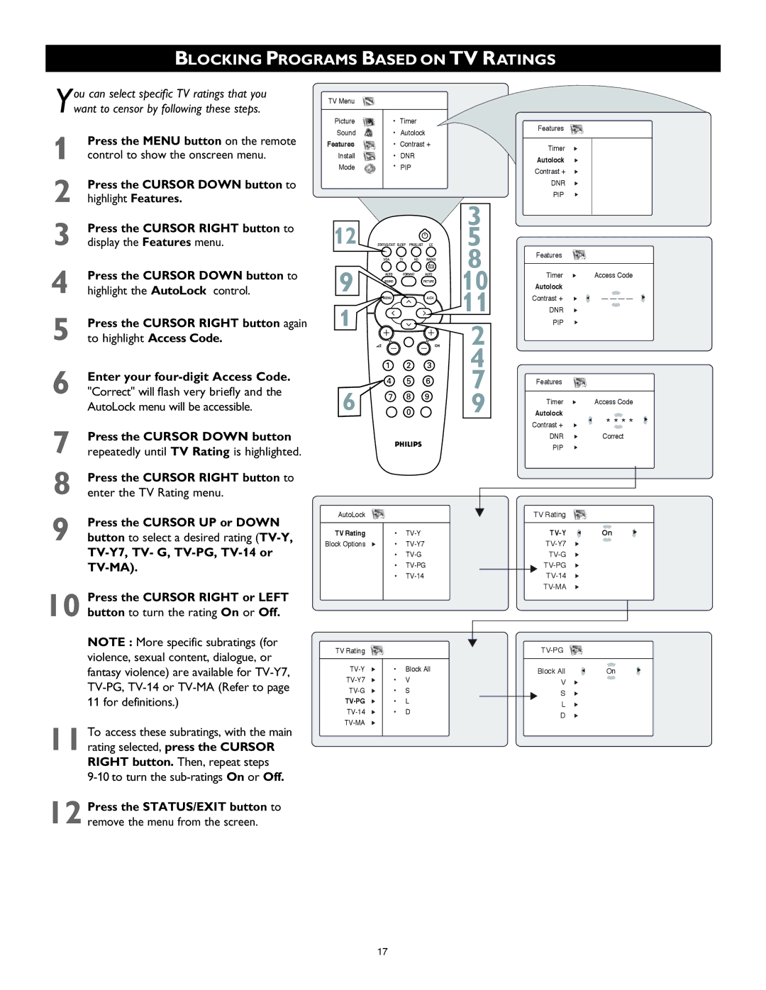 Philips 26PF8946 Blocking Programs Based on TV Ratings, Press the Cursor UP or Down, TV-Y7, TV- G, TV-PG, TV-14 or 