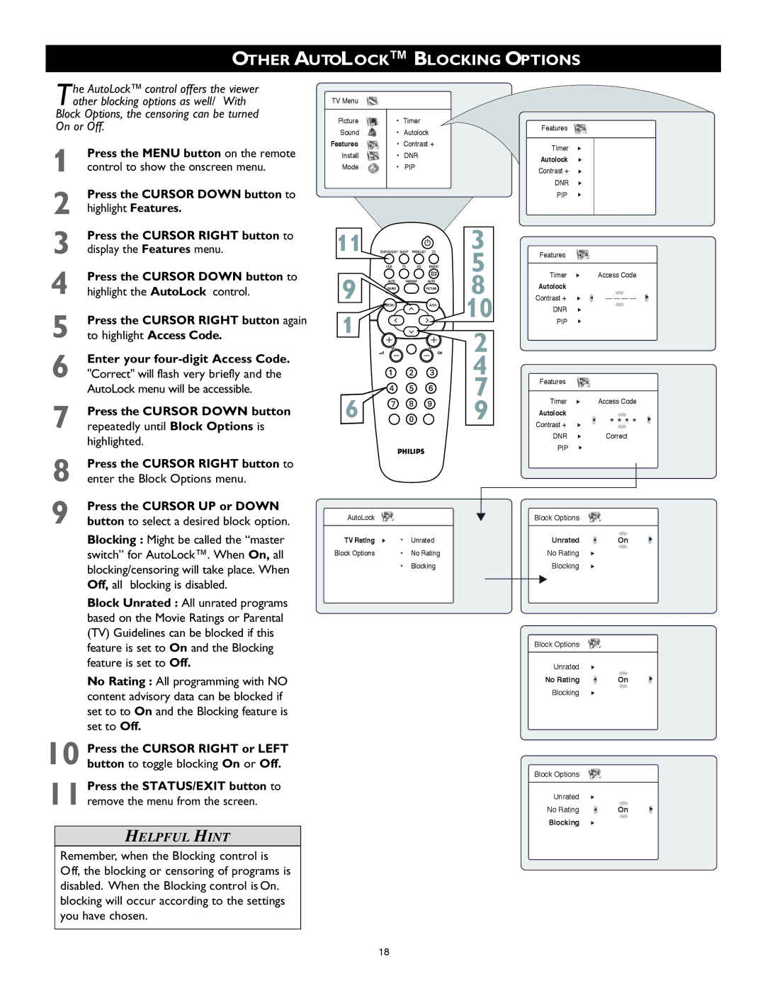 Philips 26PF8946 user manual Other Autolock Blocking Options, Repeatedly until Block Options is, Highlighted 