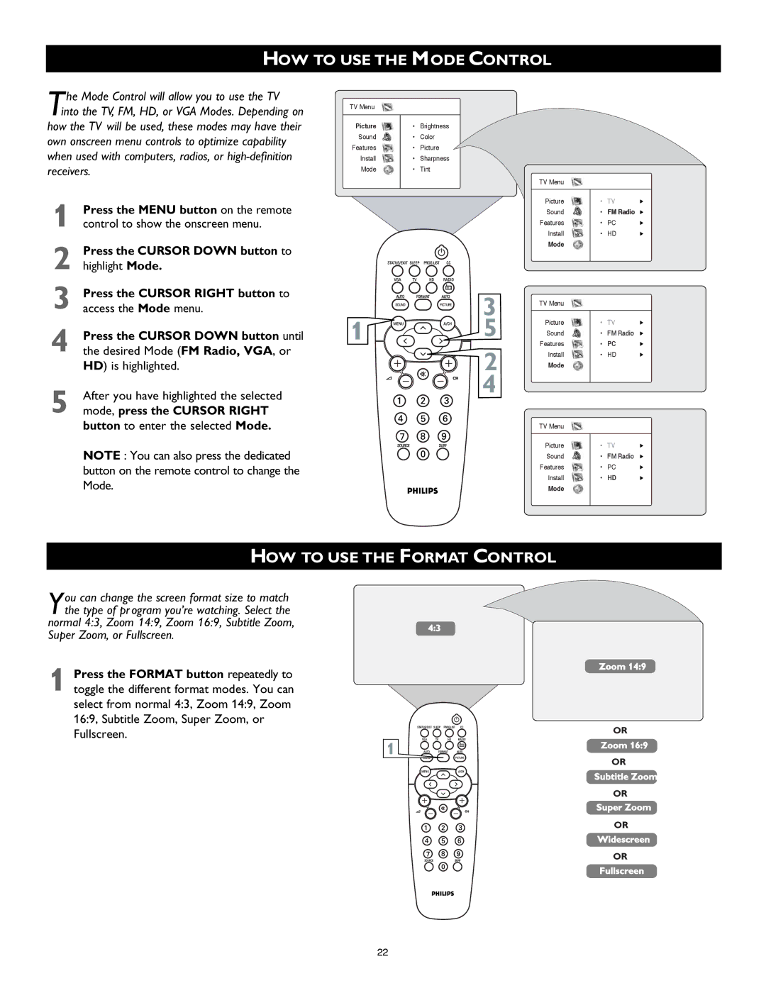 Philips 26PF8946 HOW to USE the Mode Control, HOW to USE the Format Control, 169, Subtitle Zoom, Super Zoom, or Fullscreen 