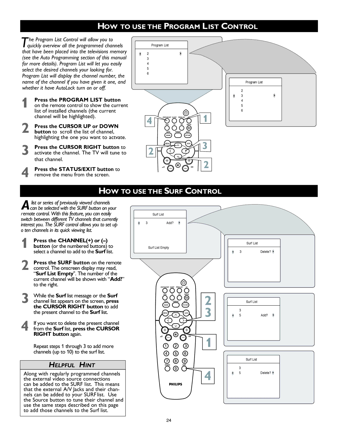 Philips 26PF8946 HOW to USE the Program List Control, HOW to USE the Surf Control, To add those channels to the Surf list 