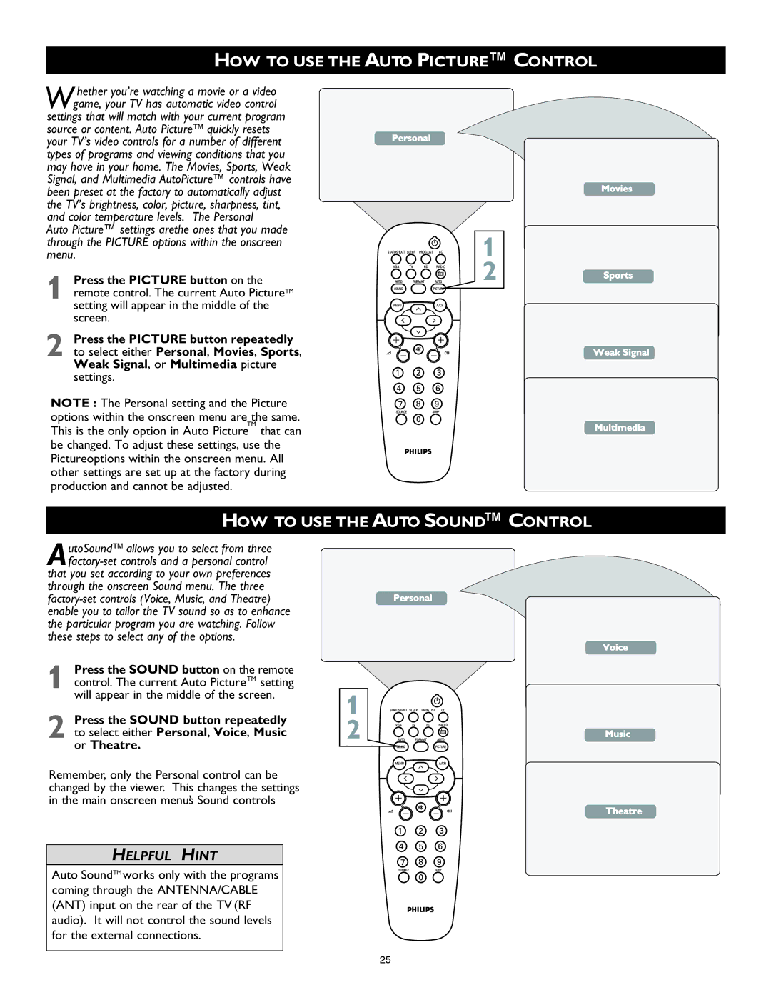 Philips 26PF8946 user manual HOW to USE the Auto Picture Control, HOW to USE the Auto Sound Control 