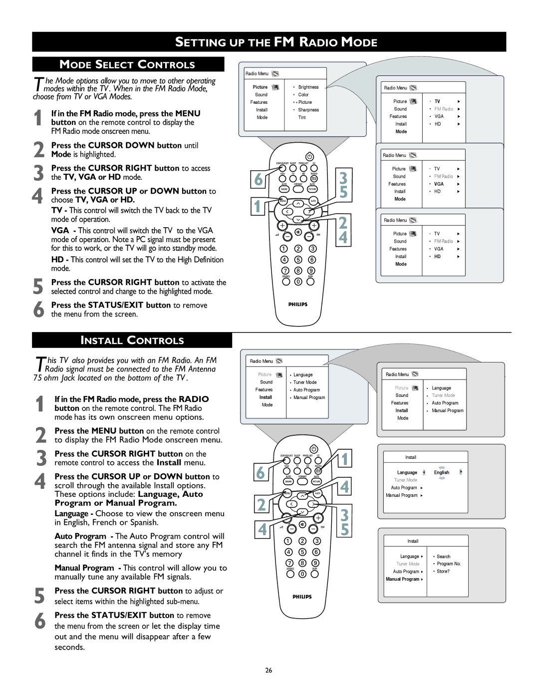 Philips 26PF8946 Setting UP the FM Radio Mode, Mode Select Controls, Install Controls, Program or Manual Program 