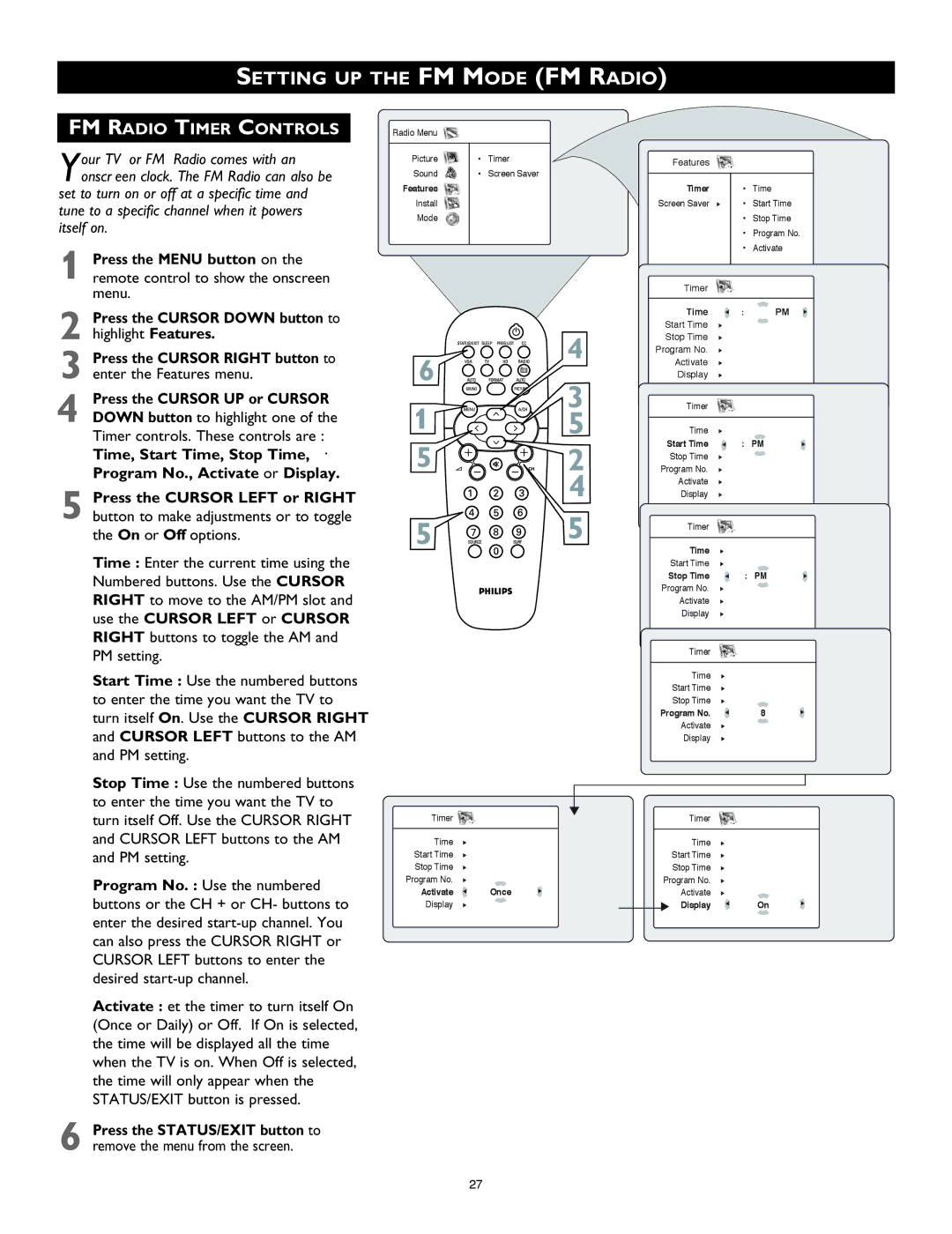 Philips 26PF8946 user manual Setting UP the FM Mode FM Radio, FM Radio Timer Controls 