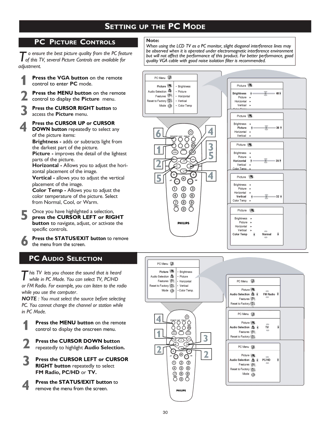 Philips 26PF8946 user manual Setting, UP the PC Mode, PC Picture Controls, PC Audio Selection, Specific controls 