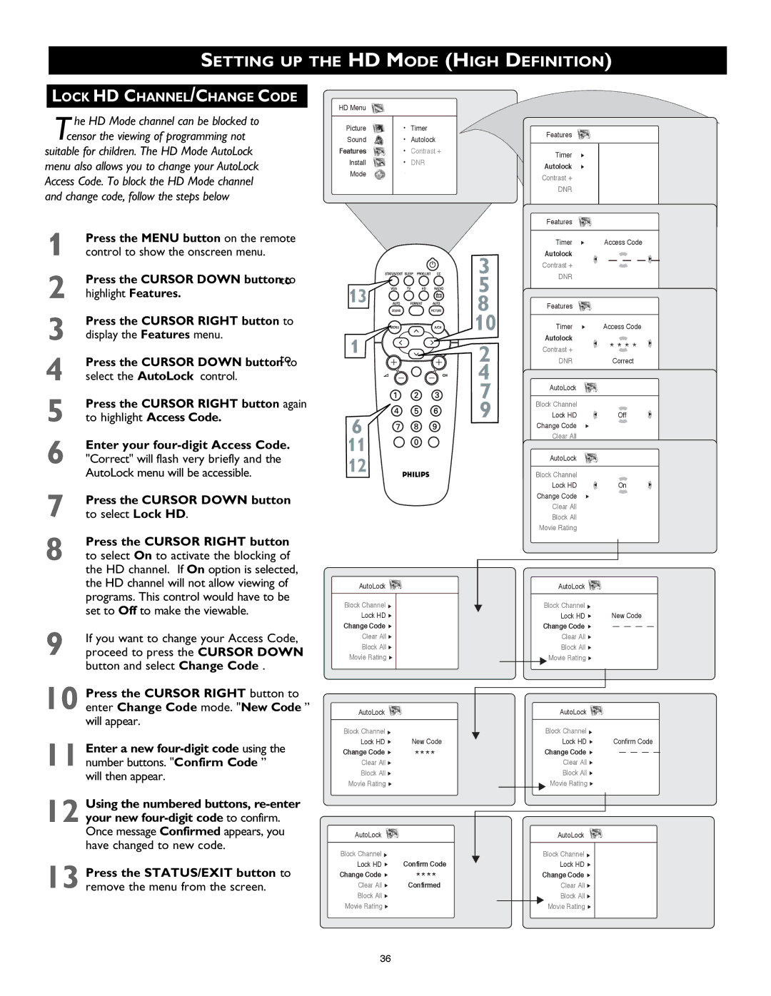 Philips 26PF8946 user manual Lock HD CHANNEL/CHANGE Code, He HD Mode channel can be blocked to 