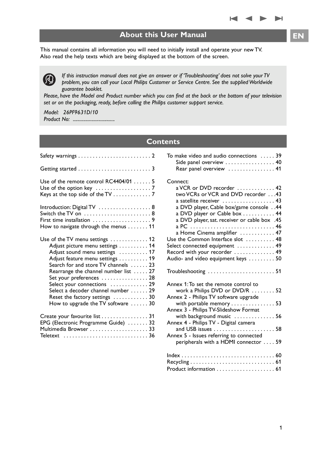 Philips 26PF9631D/10 user manual Contents 