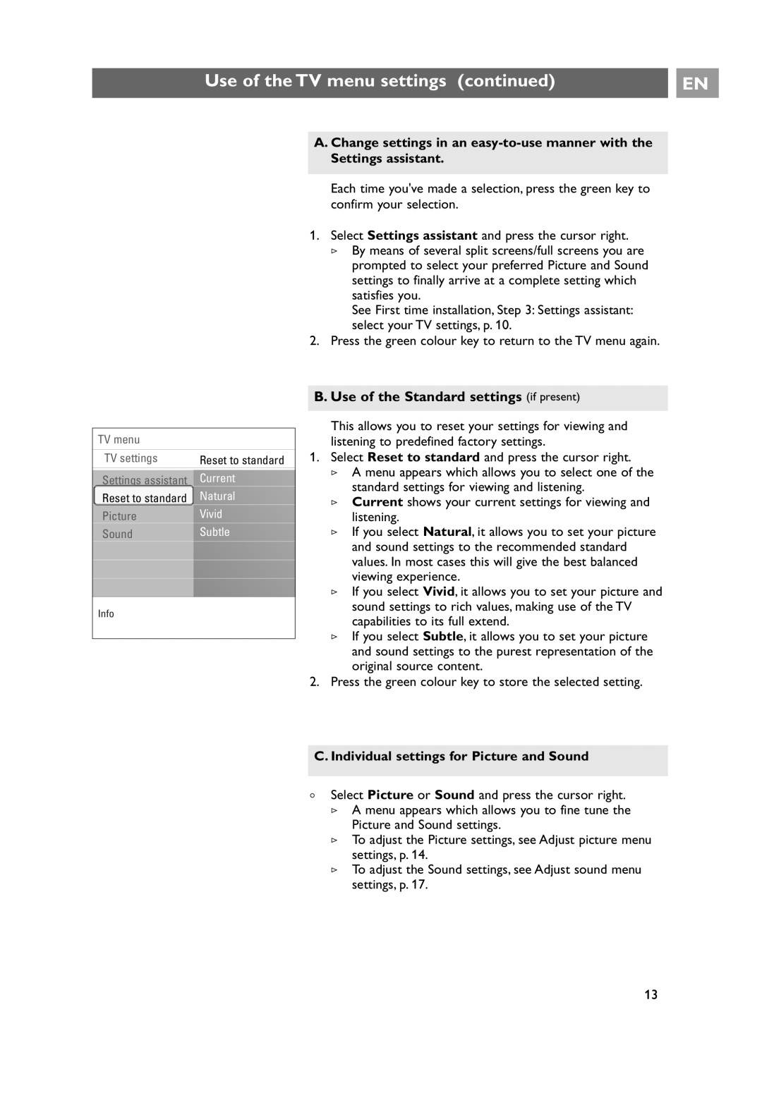 Philips 26PF9631D/10 user manual Use of the Standard settings if present, Individual settings for Picture and Sound 