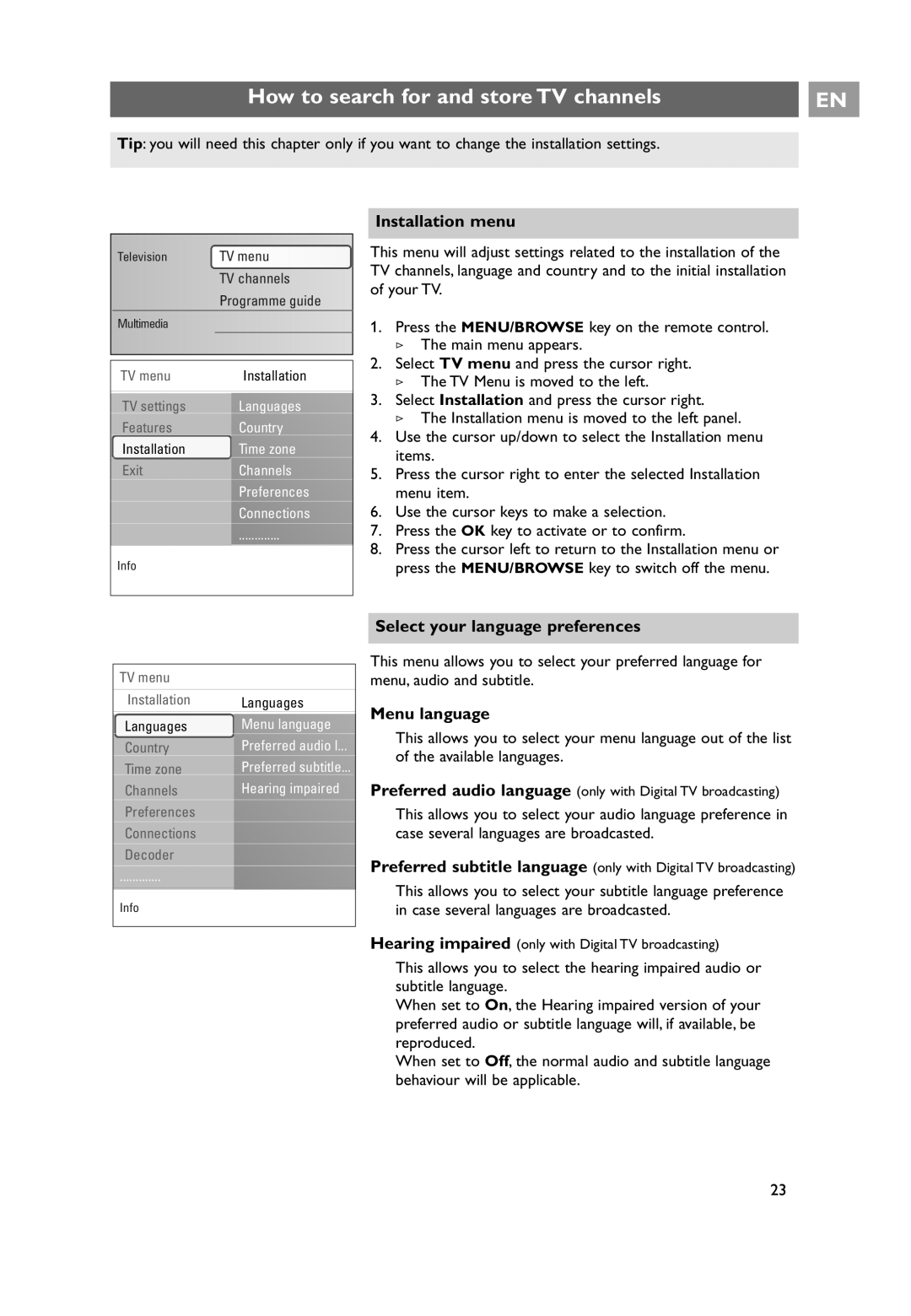 Philips 26PF9631D/10 How to search for and store TV channels, Installation menu, Select your language preferences 