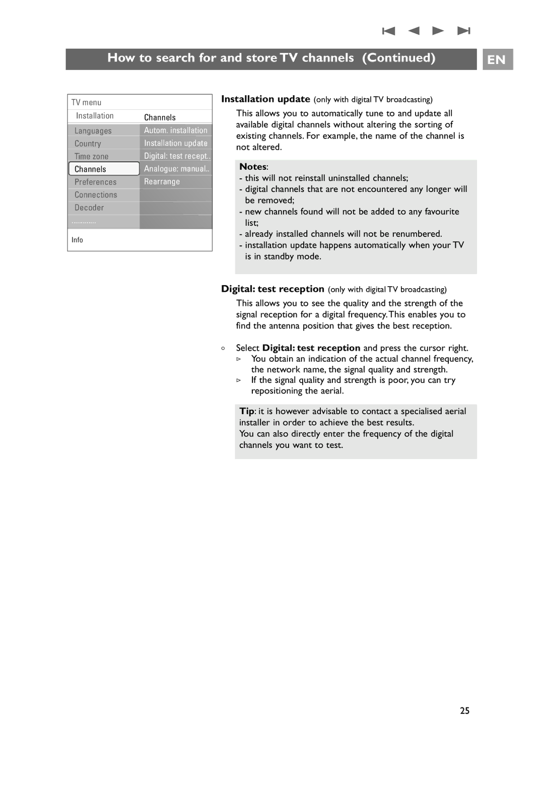 Philips 26PF9631D/10 Not altered, This will not reinstall uninstalled channels, Be removed, List, Is in standby mode 