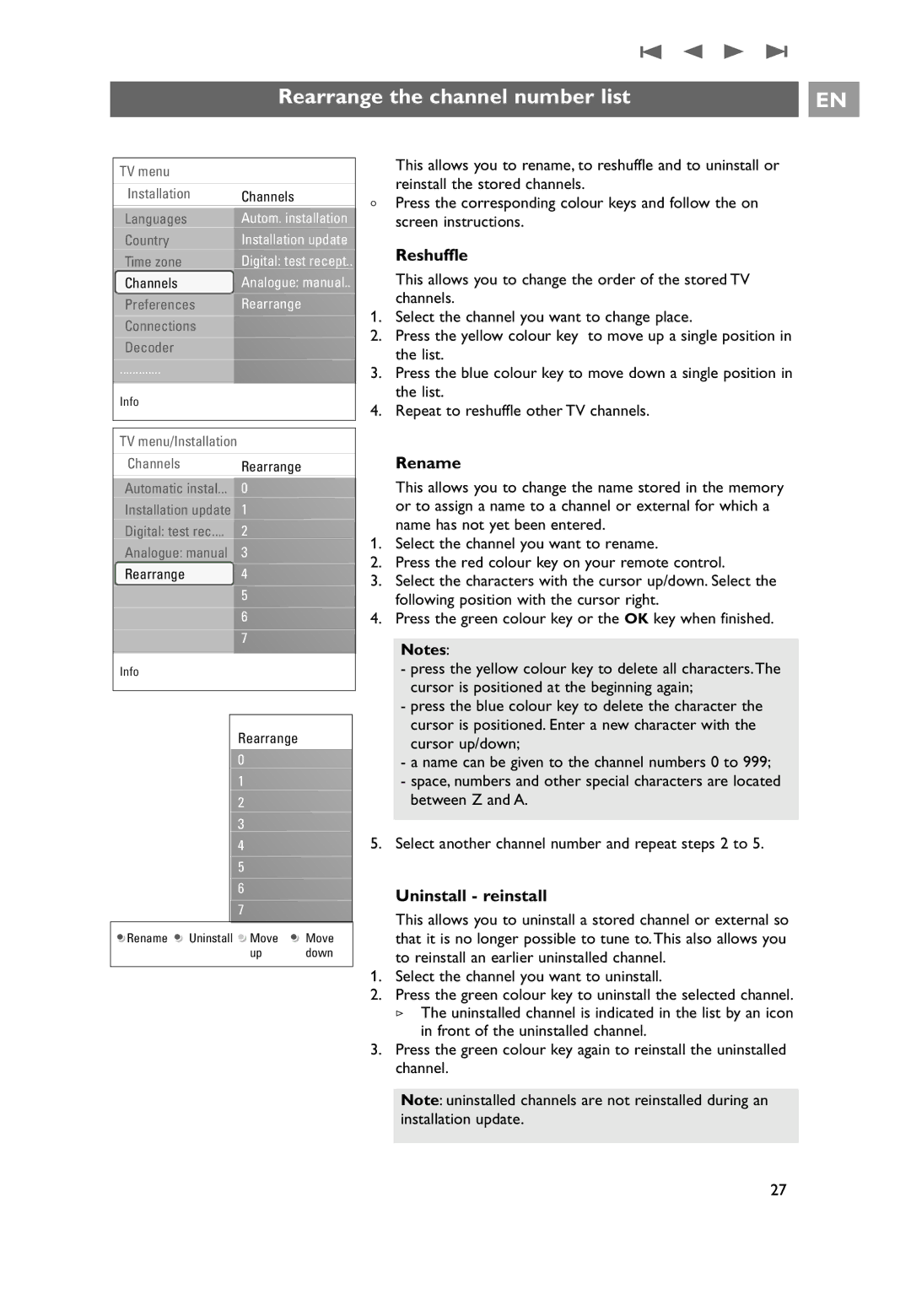 Philips 26PF9631D/10 user manual Rearrange the channel number list, Reshuffle, Rename 