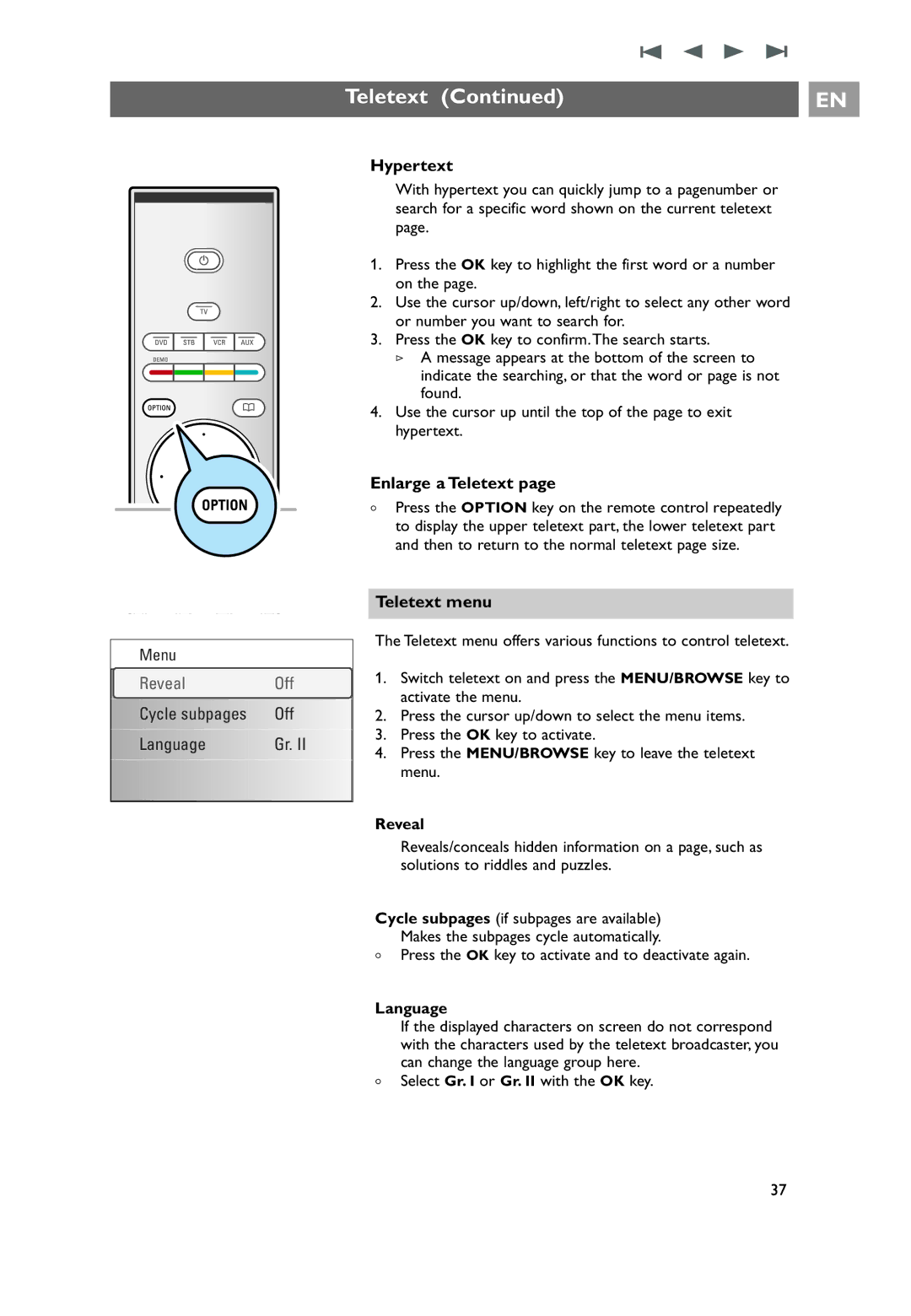 Philips 26PF9631D/10 user manual Hypertext, Enlarge a Teletext, Teletext menu, Reveal, Language 