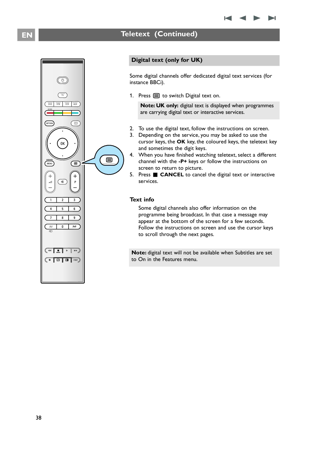 Philips 26PF9631D/10 user manual Digital text only for UK, Text info 