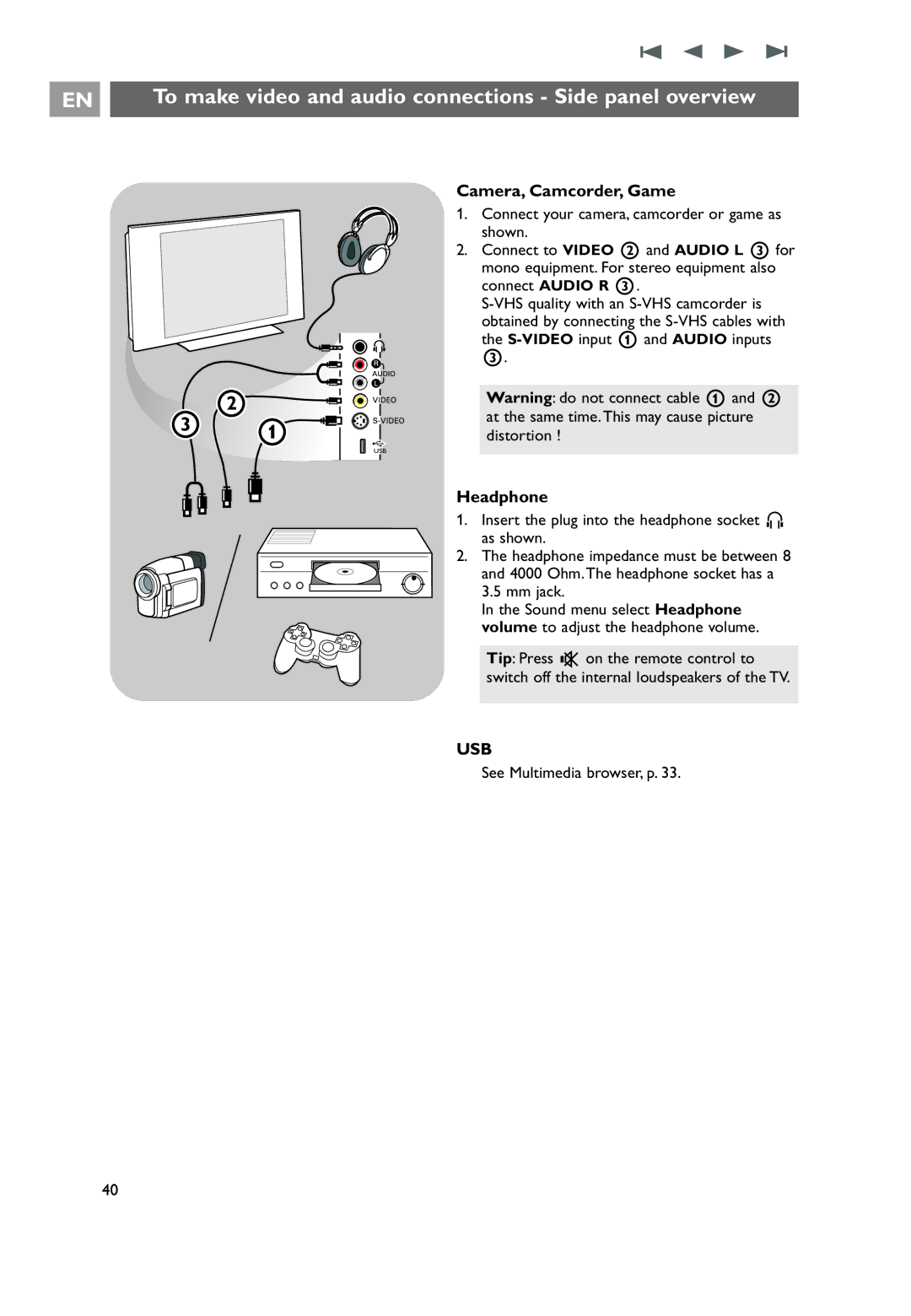 Philips 26PF9631D/10 To make video and audio connections Side panel overview, Camera, Camcorder, Game, Headphone 