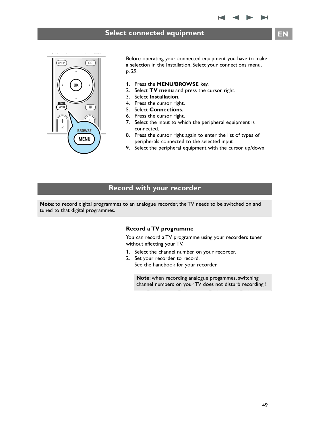 Philips 26PF9631D/10 Select connected equipment, Record with your recorder, Record a TV programme, Select Installation 