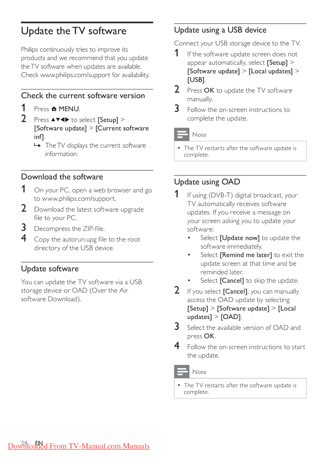 Philips 26PFL3205H/12, 19PFL3205H/12 user manual Update the TV software 