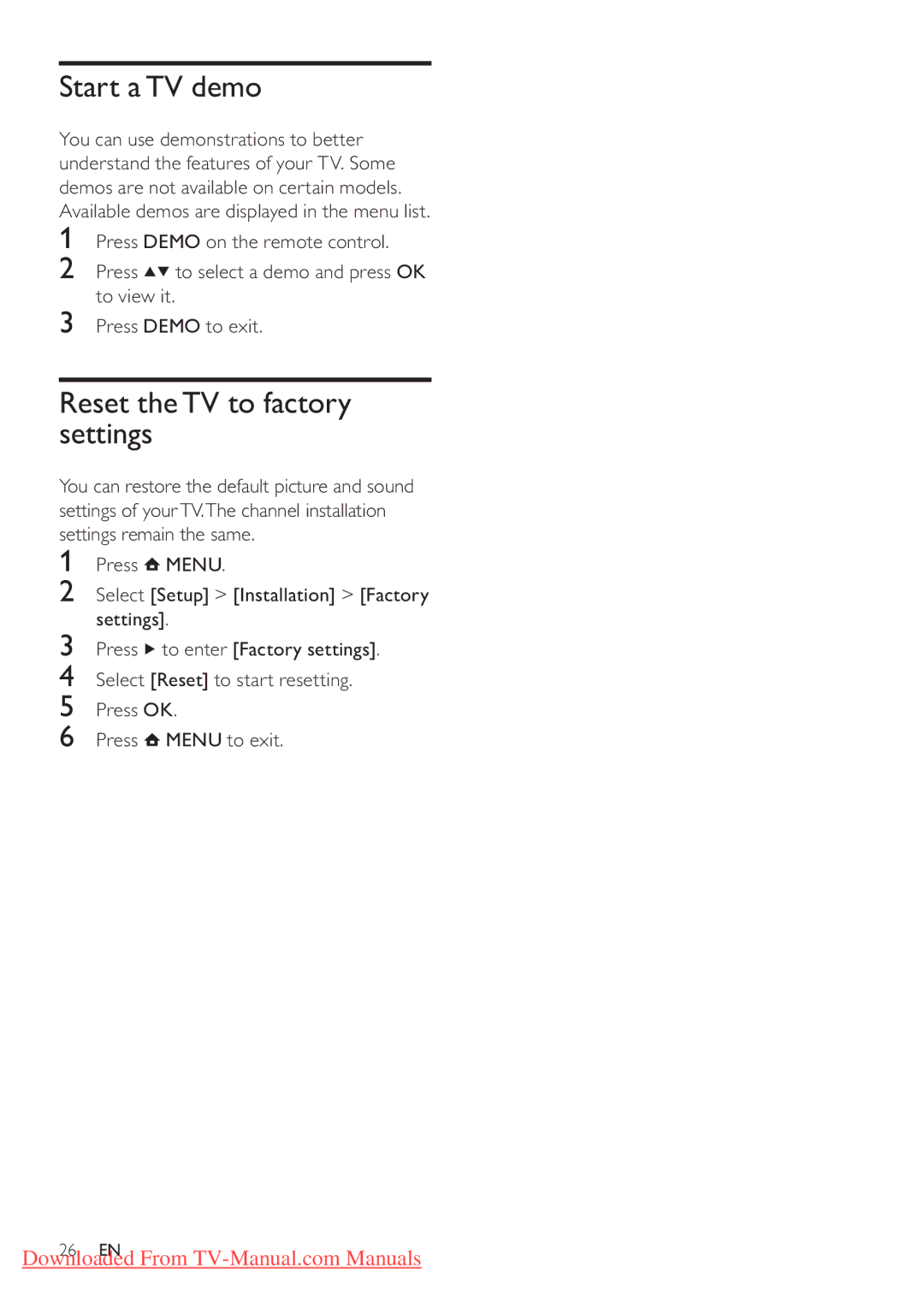 Philips 26PFL3205H/12, 19PFL3205H/12 user manual Start a TV demo, Reset the TV to factory settings 