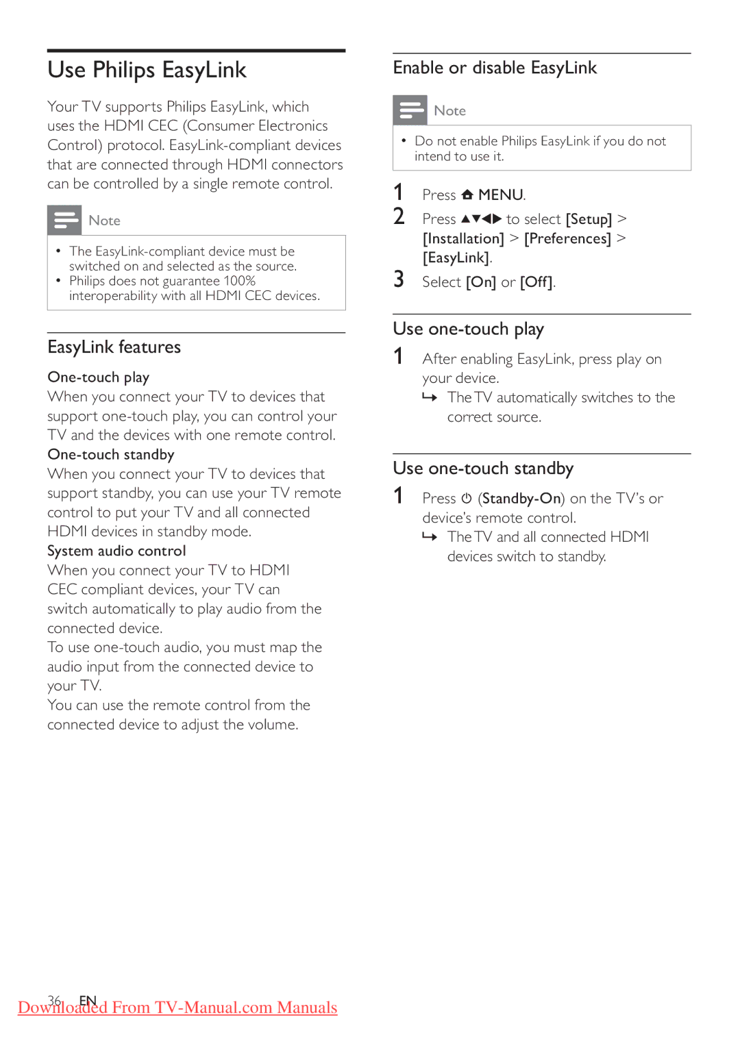 Philips 26PFL3205H/12 user manual Use Philips EasyLink, EasyLink features, Enable or disable EasyLink, Use one-touch play 