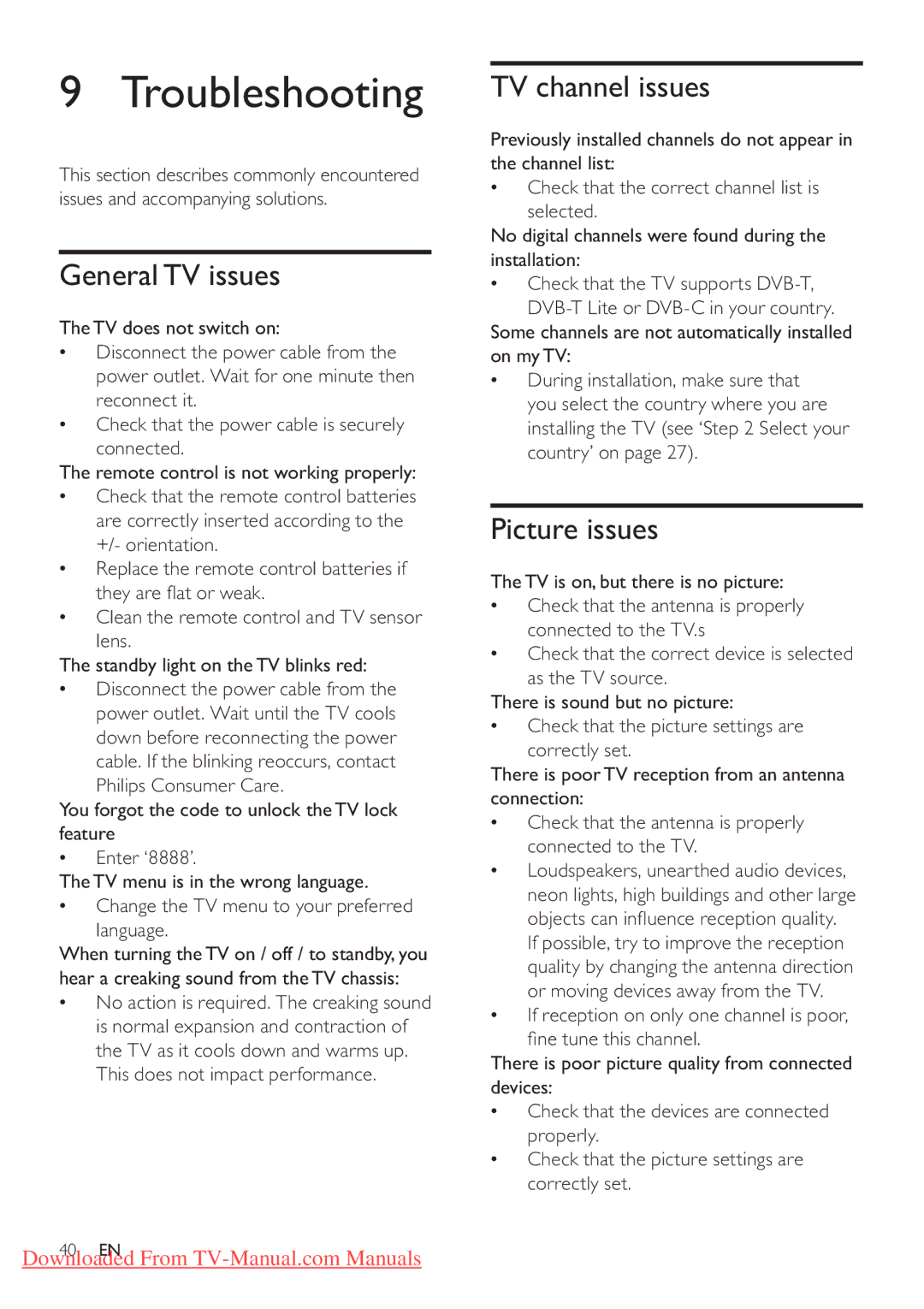 Philips 26PFL3205H/12, 19PFL3205H/12 user manual Troubleshooting, General TV issues, TV channel issues, Picture issues 