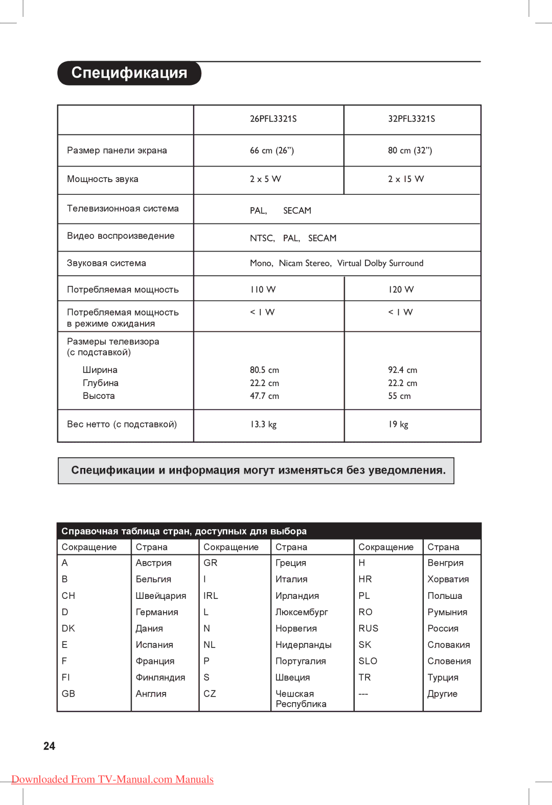 Philips 26PFL3321S, 32PFL3321S manual Спецификация, Ntsc PAL, Secam 