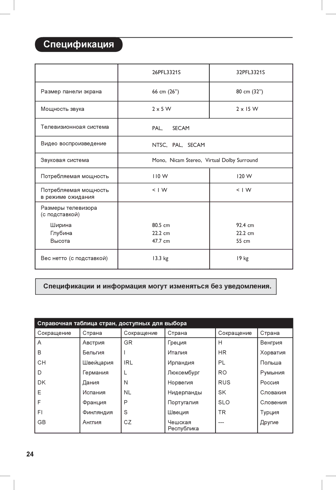Philips 26PFL3321S, 32PFL3321S manual Спецификация, Ntsc PAL, Secam 